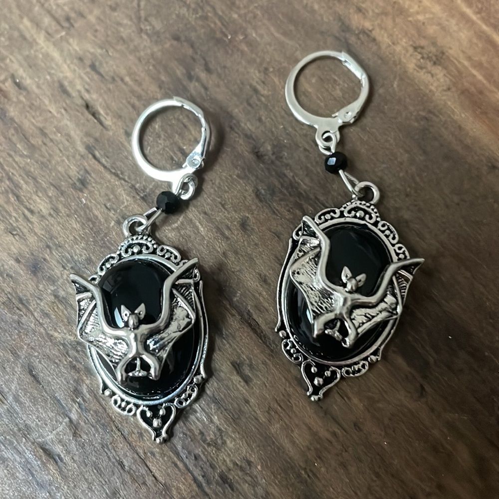 Silver and Black Bat Earrings, NWOT, Pierced